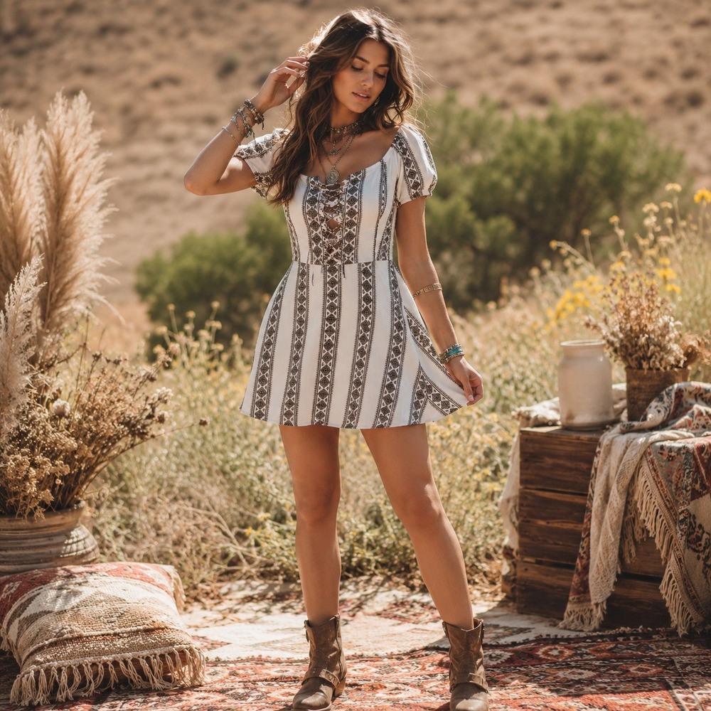 Womens Vintage Y2K Rue21 Lace-Up Boho Mini Dress White Black Tribal Print Large